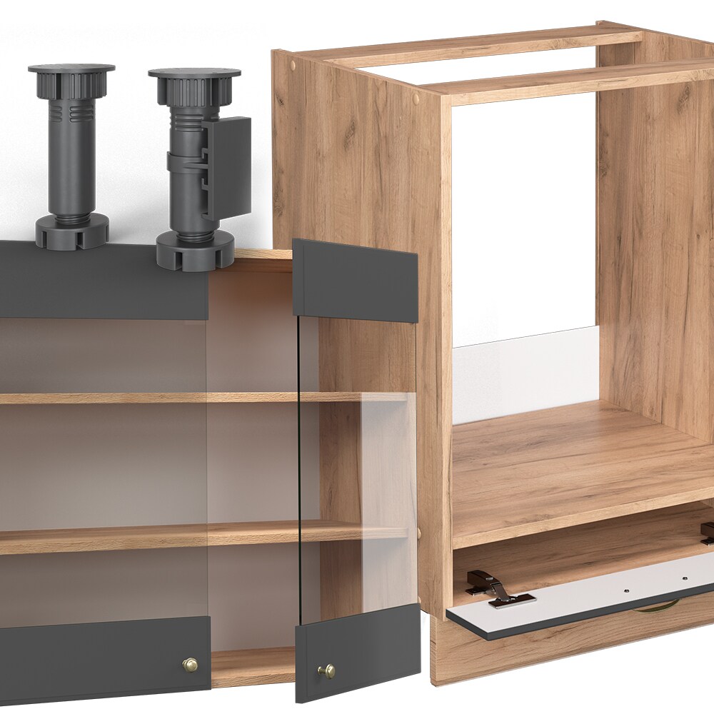 Vicco Eckküche Küchenzeile Einbauküche Fame-Line Landhaus Eiche Anthrazit Gold227x287 cm Spülenunterschrank Schubunterschrank Eckunterschrank Herdumbauschrank Hängeschrank Kühlumbauschrank