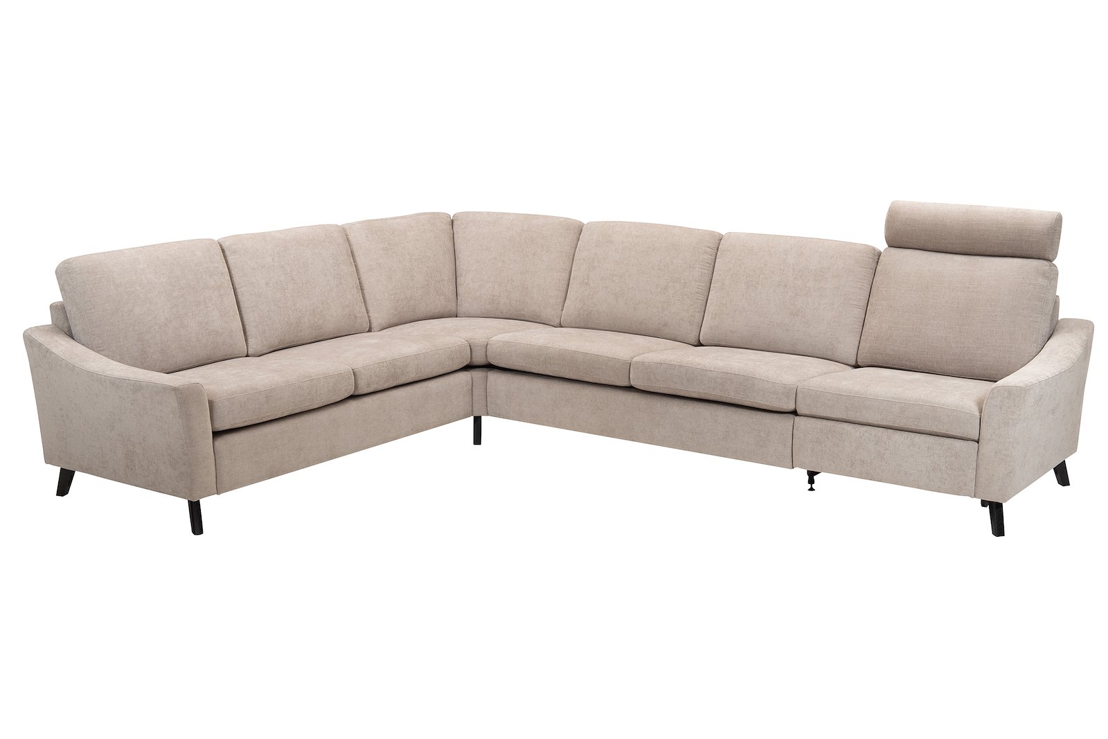 Lona hjørnesofa 2- og 3-seter hjørnesofa i tekstil City 9970 beige. Arm 1 og sorte ben 2M9K2. Med motorisert fotstøtte på ytterste høyre sete.