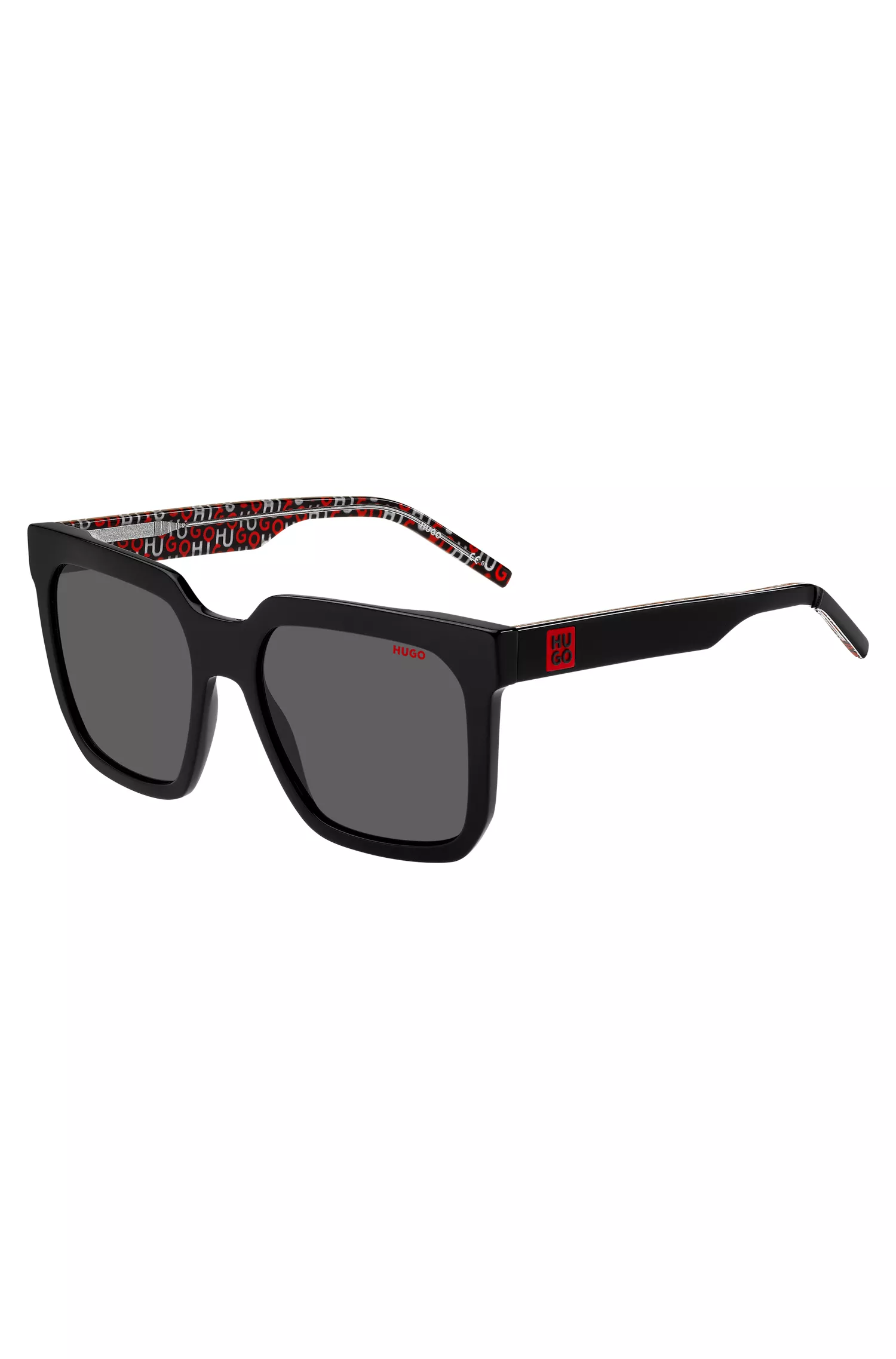 Óculos de sol HUGO em acetato vermelho e preto com detalhes do logotipo e alça removível.