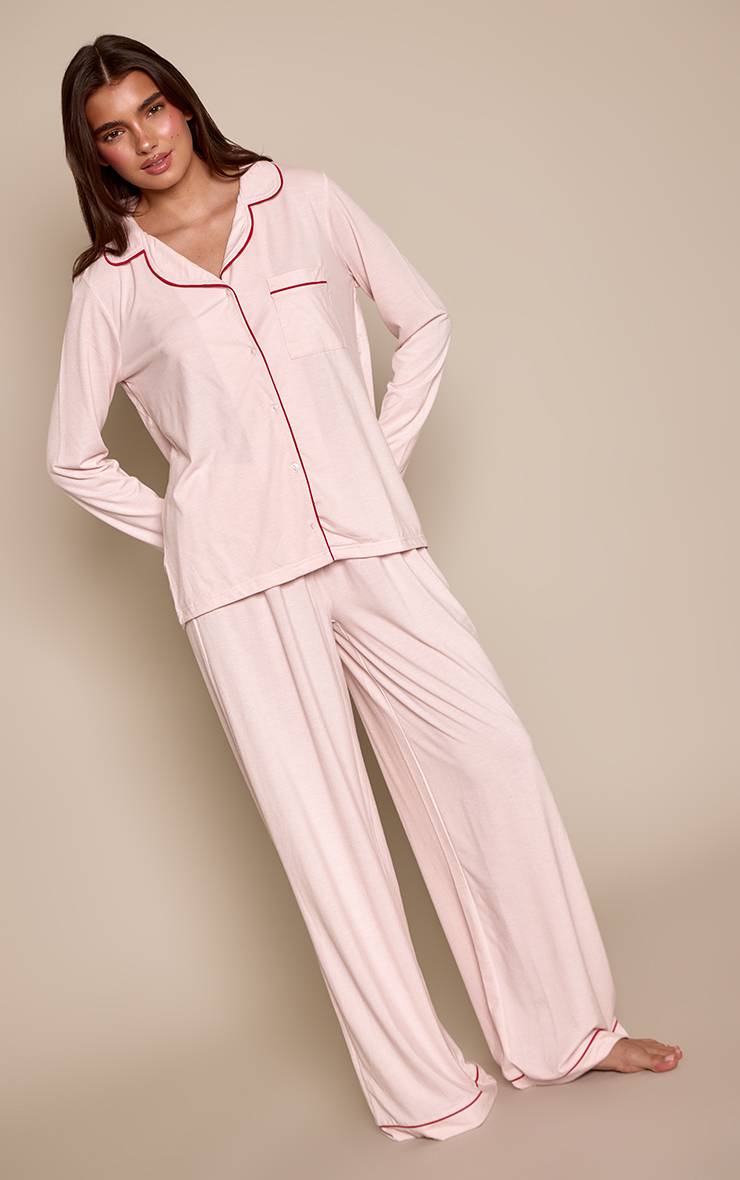 Rose Bébé Ensemble Pyjama En Jersey Doux Avec Passepoil Rouge À Manches Longues Et Pantalon