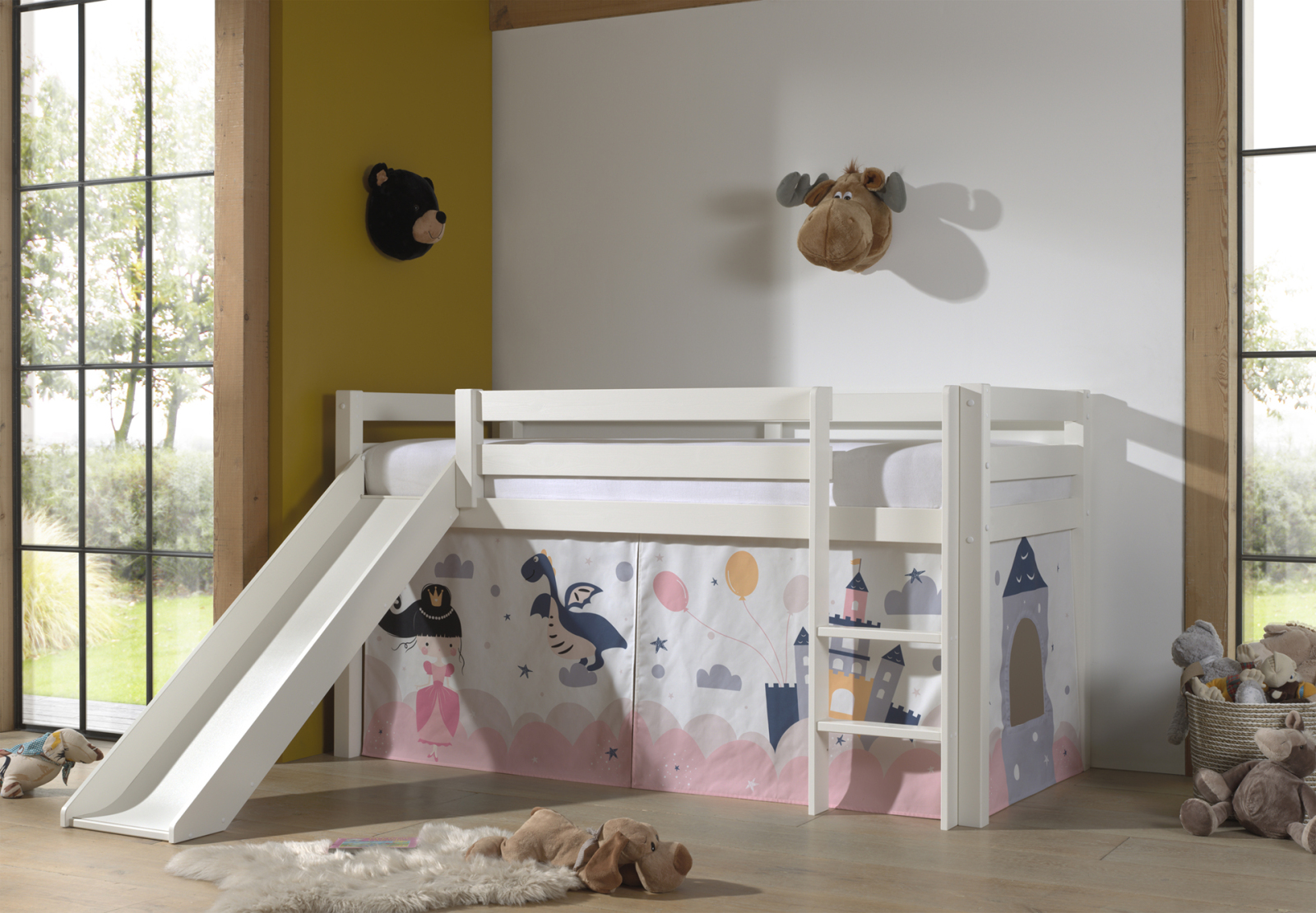 Halbhochbett PINO - Princess Sophie - Kiefer weiß Massivholz - mit Rutsche - 90x200 cm