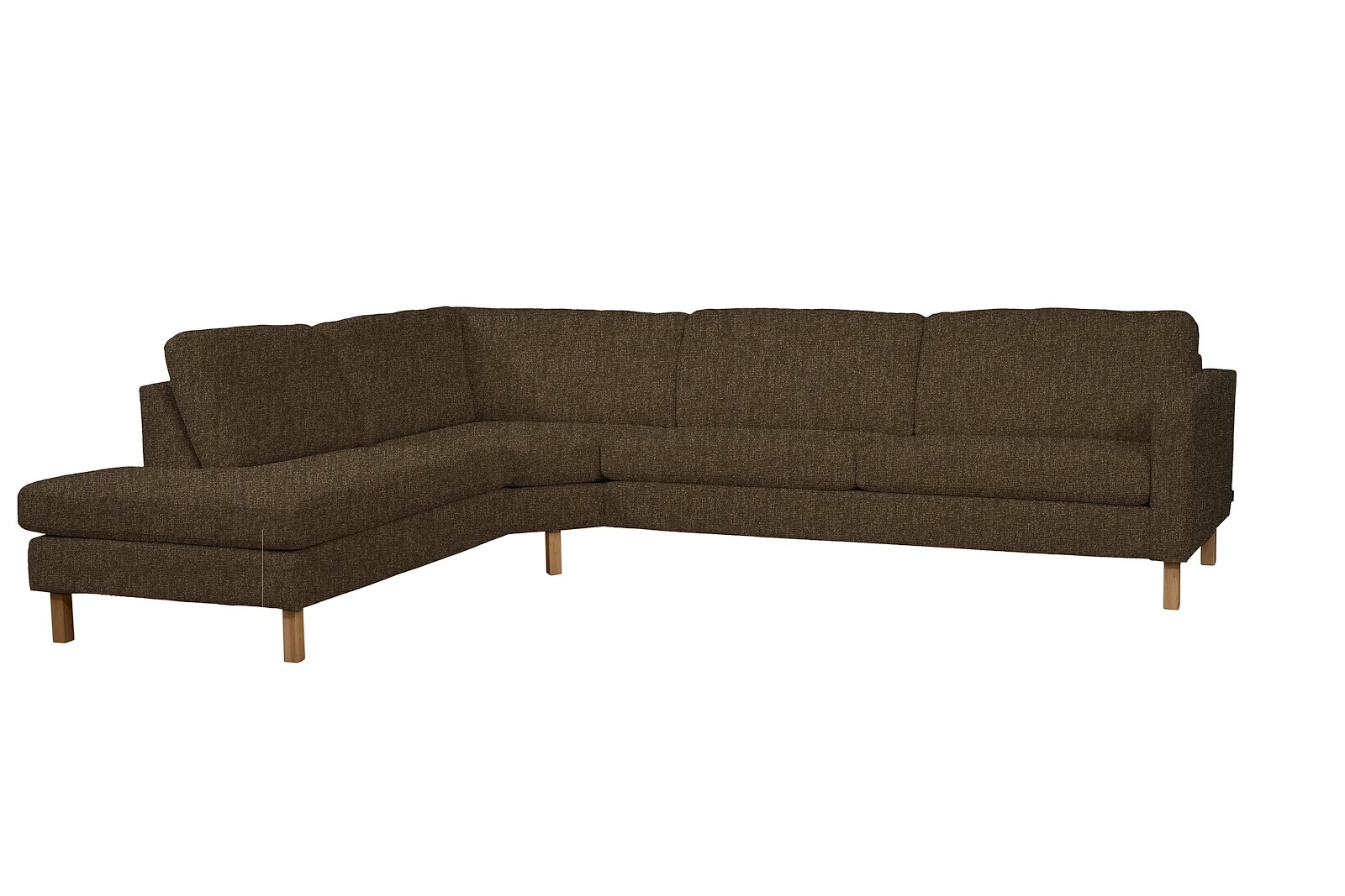 Mandal hjørnesofa Oppsett RVB. 3-seter med åpen ende venstre. Big hjørnemodul. Tekstil Tweng 599 Brown. Arm 16, Duo puter, Firkantet ben 16 cm Natur. Skum