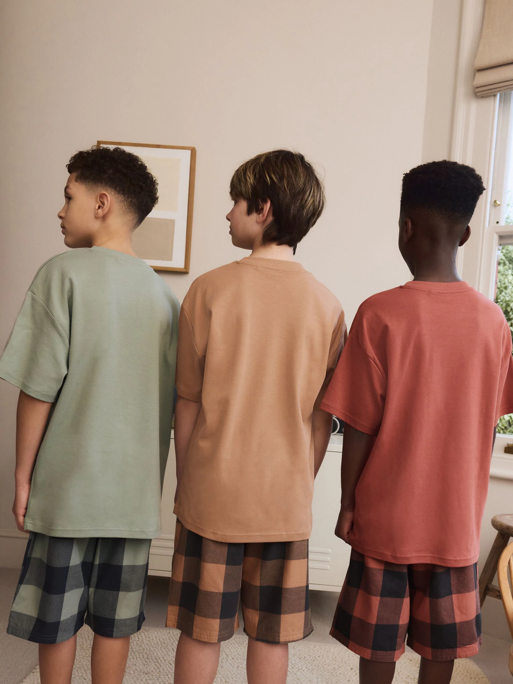 Groen/oranje - Set van 3 geweven geruite pyjama's (3-16 jr)