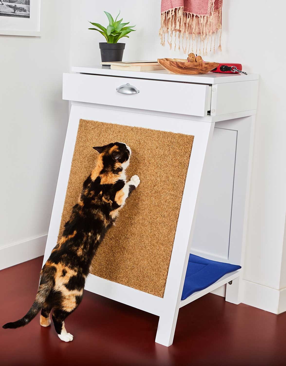 Arranhador de madeira para gatos/mesa de entrada, cor mostarda