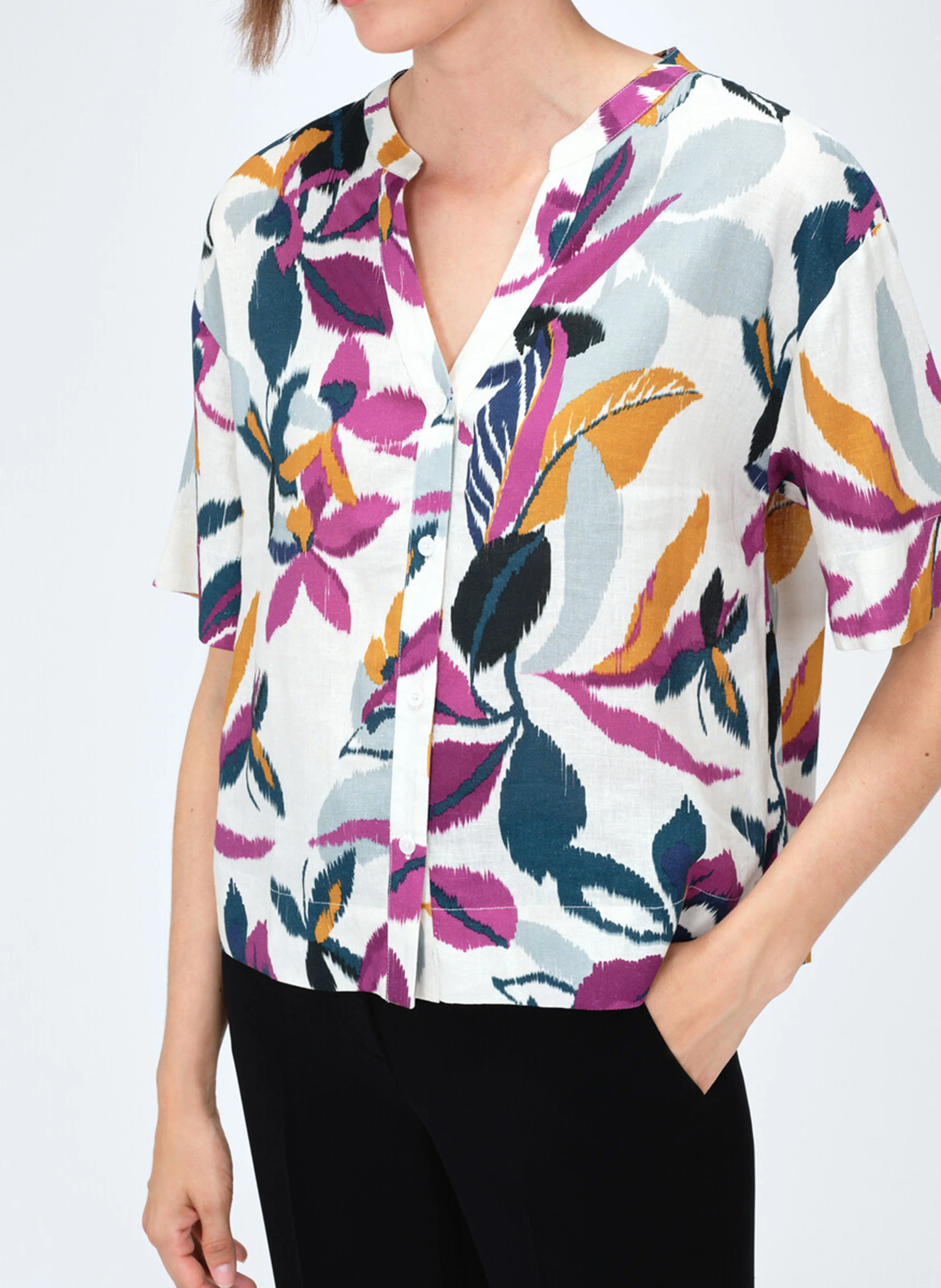CAROLA2 - Chemise ample col tunisien en lin mélangé | Violet