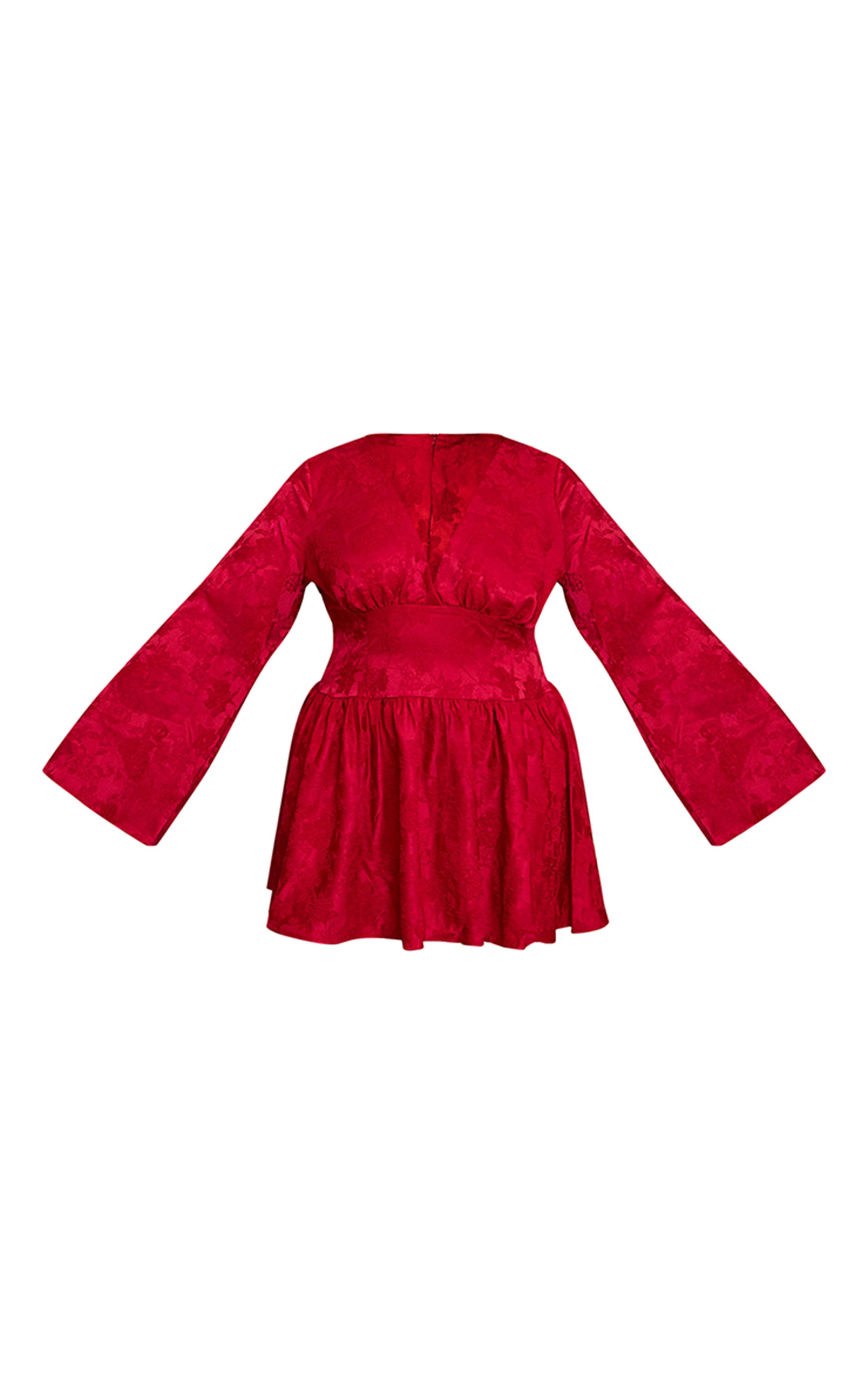 Rouge Robe Mini Grande Taille À Manches Évasées En Jacquard Floral