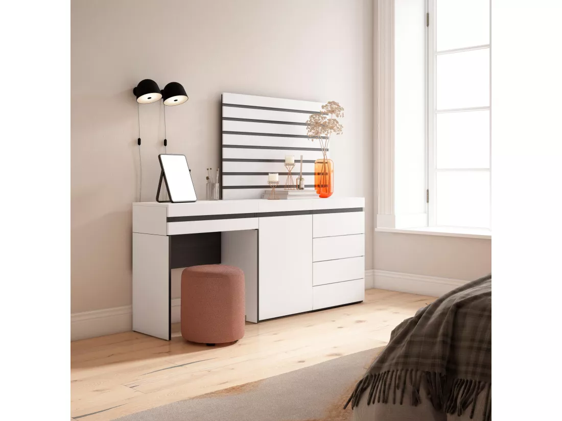 Coiffeuse, 177x35x145 cm, Avec tiroir, Commode, Buffet, Panneaux Muraux en Bois, Blanc