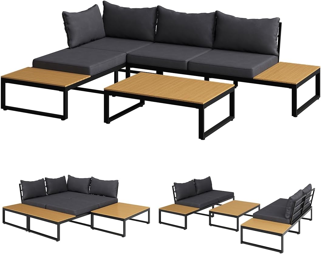 STEELSØN Zandra Gartenlounge Outdoor – modulares Gartenmöbel Set mit Ecksofa & Tisch wetterfest – Balkonmöbel aus Akazien Holz & Stahl mit Kissen in schwarz – Loungemöbel für Garten/Terasse/Balkon