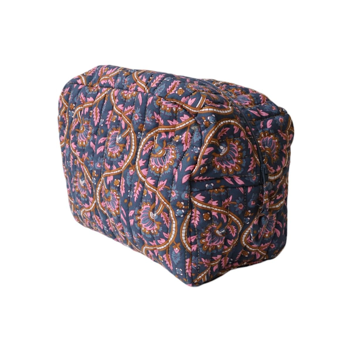 Grande trousse de toilette block print bleu - Mariage Indien Pondie Chérie