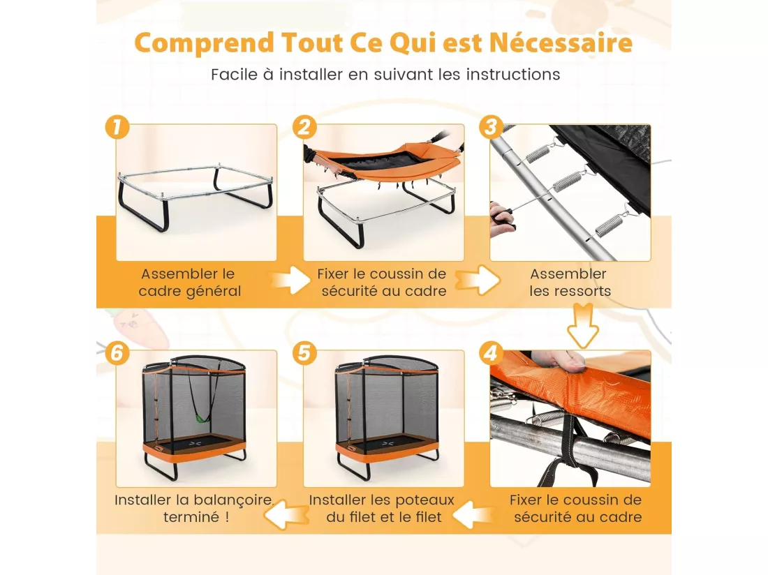 2 en 1 Trampoline Extérieur Enfants Rectangulair (190x122cm) avec Balançoire Amovible, Trampoline de Jardin avec Filet de Sécurité, Charge Max 100kg pour Garçon et Fille de 3 Ans+ (Orange)