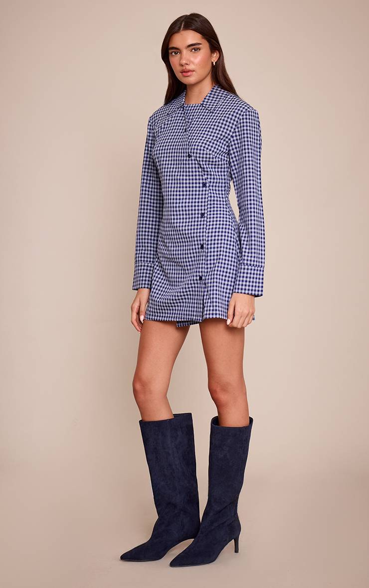 Bleu Marine Robe Chemise À Carreaux Boutonnée