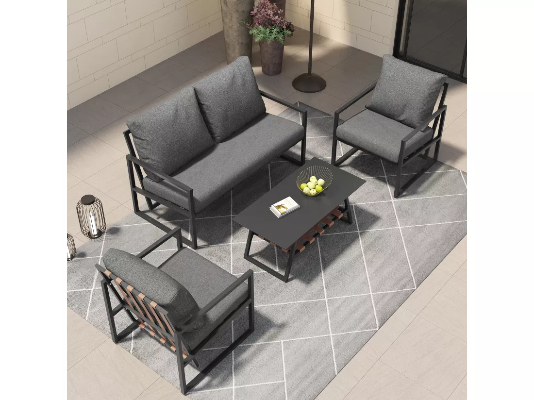 Salon de jardin, salon de jardin pour 4 personnes avec canapé, table basse et coussins, housse amovible en tissu, noir