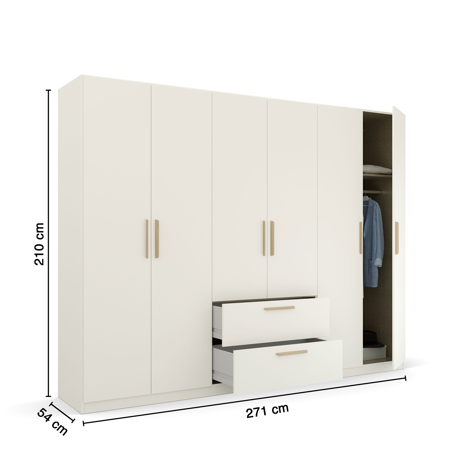 Drehtürenschrank - alpinweiß - 6-türig - 2 Schubkästen - 271 cm