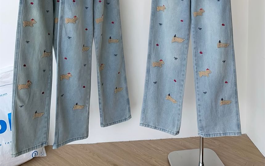 Dute - High Rise Dog geborduurde gewassen wijde jeans