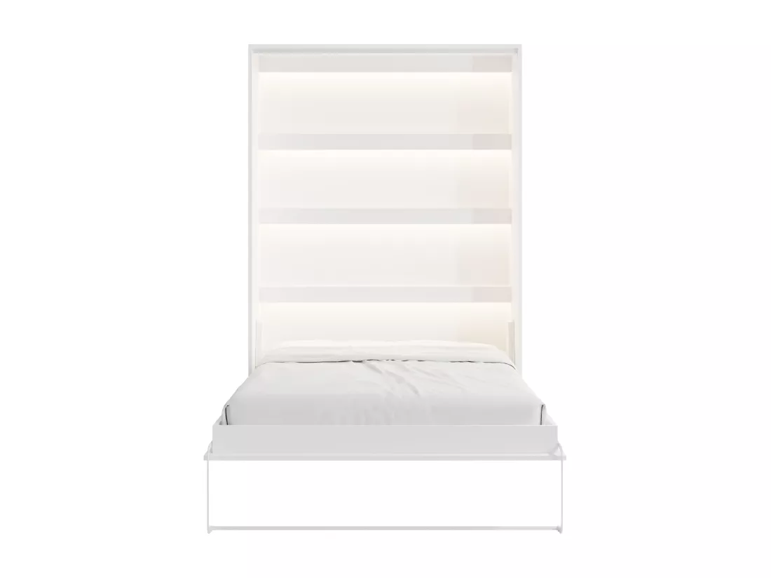 Lit escamotable 140 x 200 cm - Ouverture verticale manuelle - Avec LEDs - Blanc + Matelas - RAPILI
