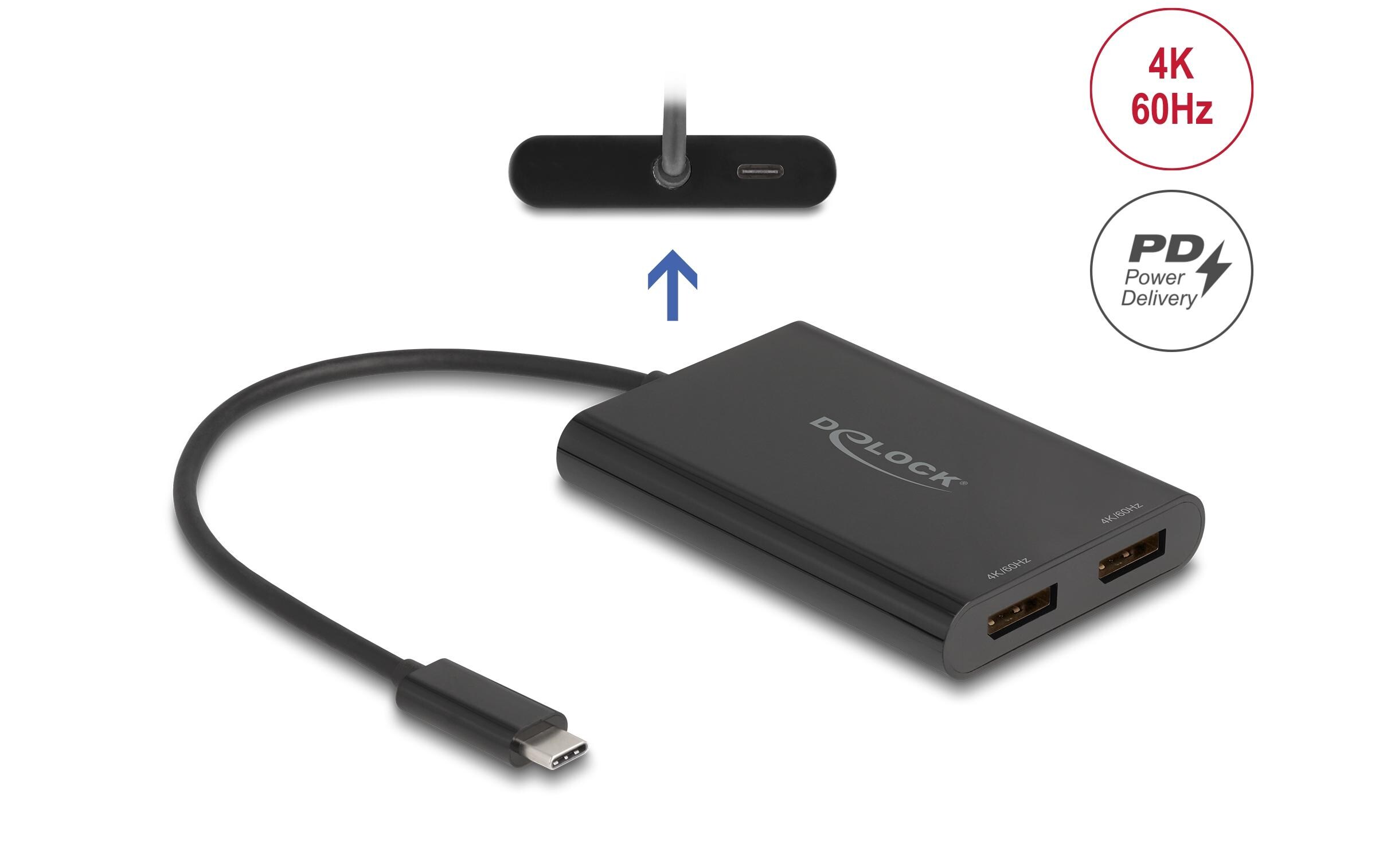 Multiadapter USB-C zu 2 x DisplayPort 4K 60Hz Schwarz<br>Delock Adapter USB Type-C zu 2 x DisplayPort 4K 60 Hz mit DisplayLink Grafik und USB PD