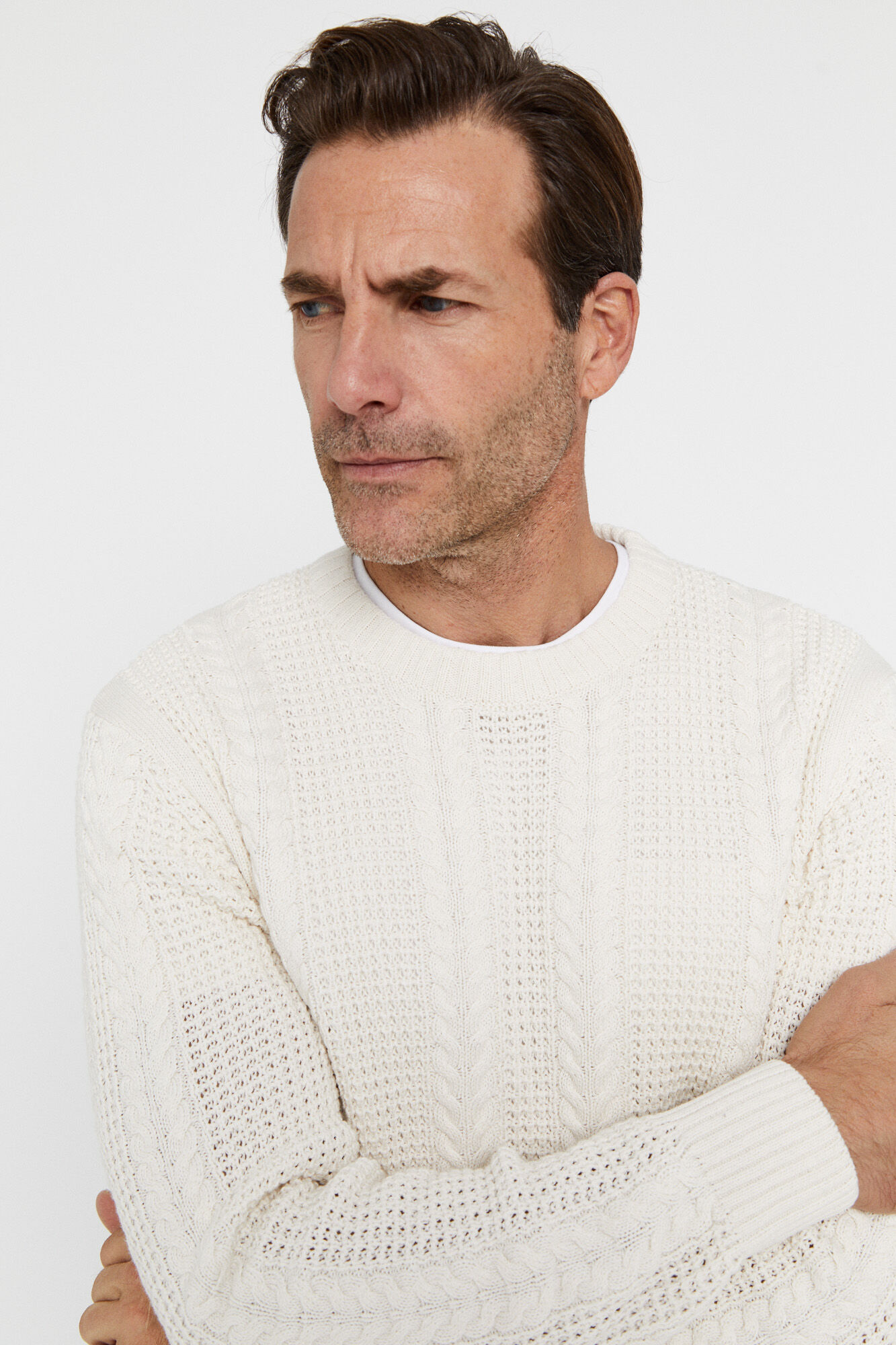 Camisa Jersey Structure Cables com gola redonda - Cáqui
