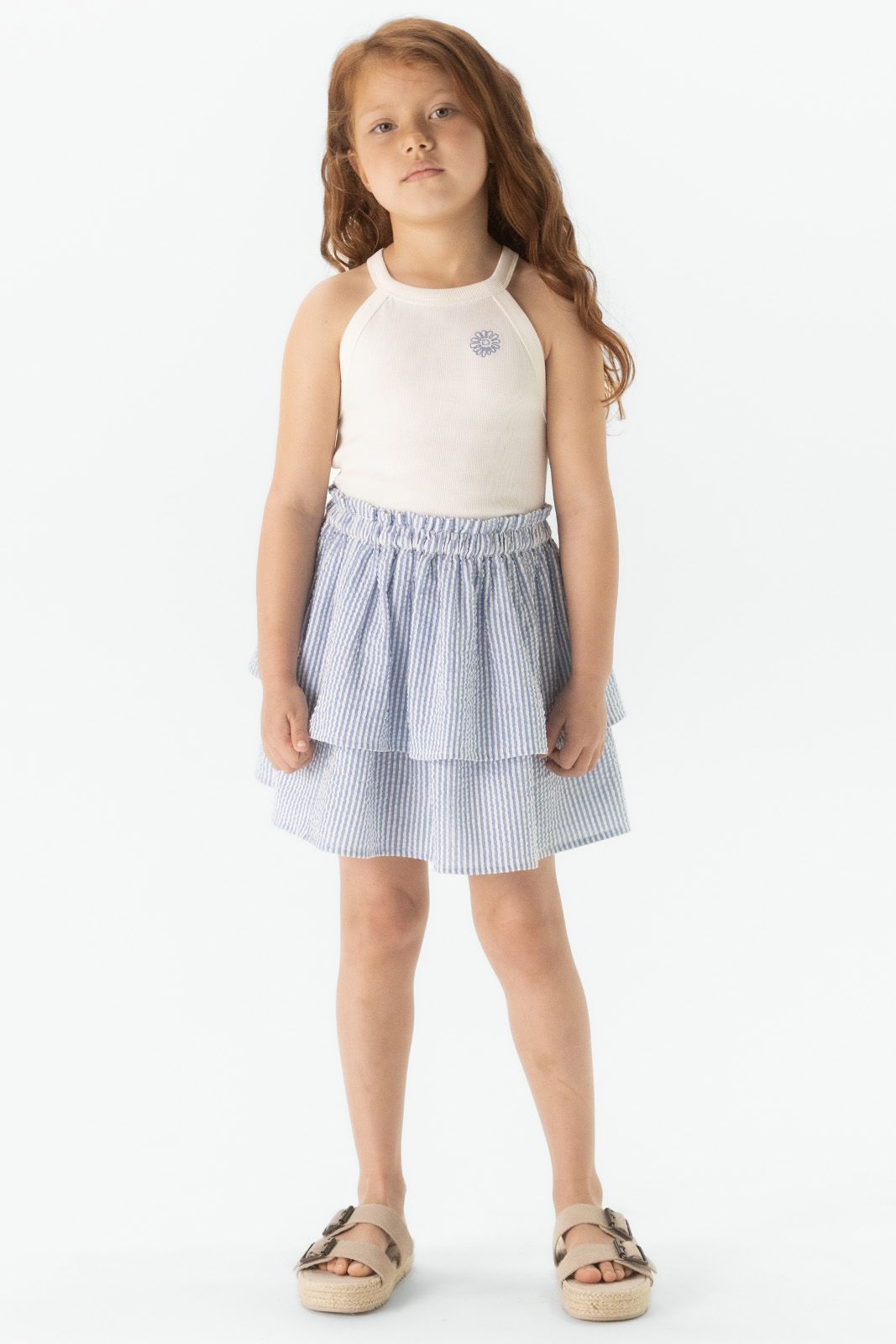 Blauwe ruffle rok met strepen