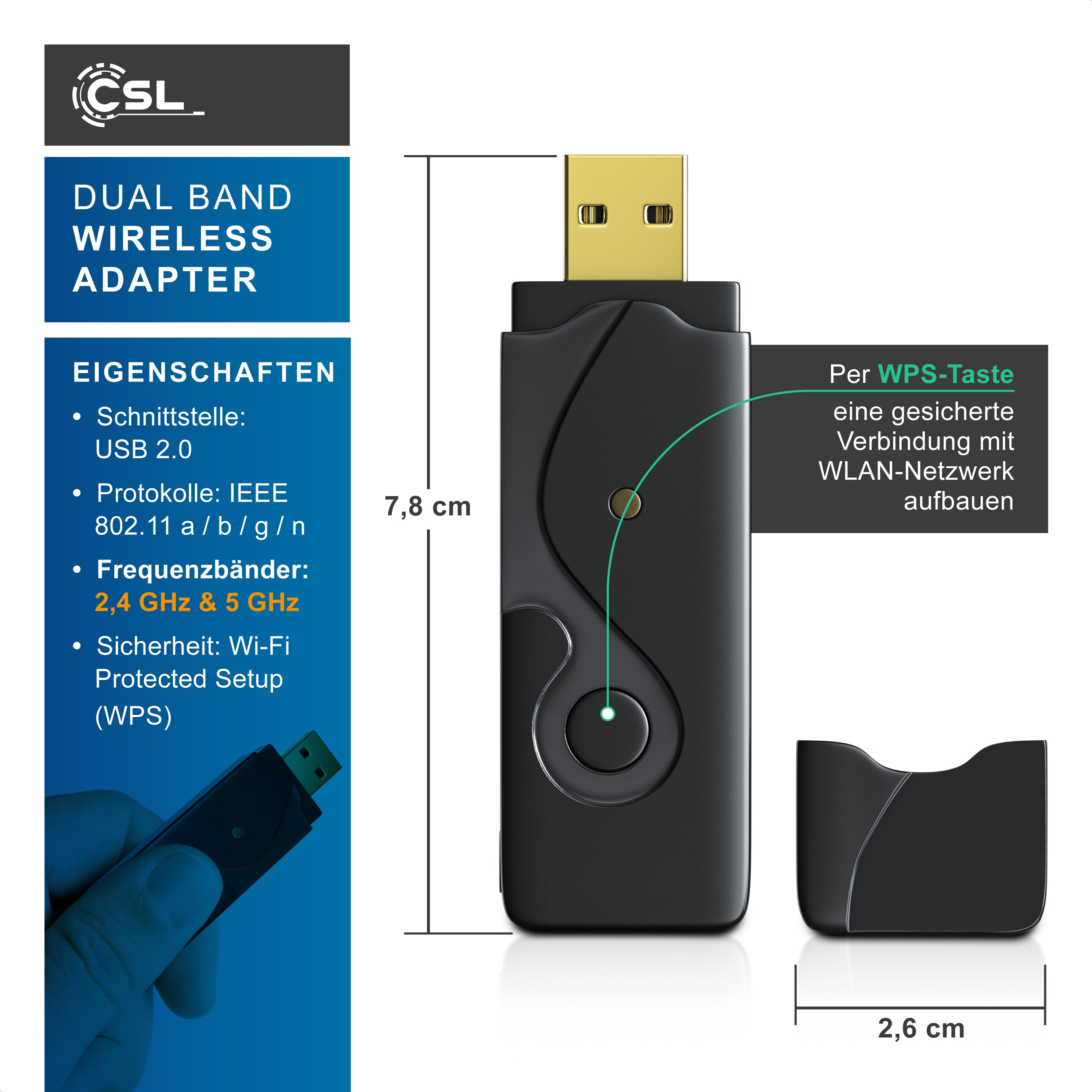 CSL - USB WLAN Stick Adapter DualBand, 2,4GHz & 5GHz bis zu 300 Mbit/s, USB 2.0, MU-MIMO, kompatibel mit Windows 7-11, Schwarz