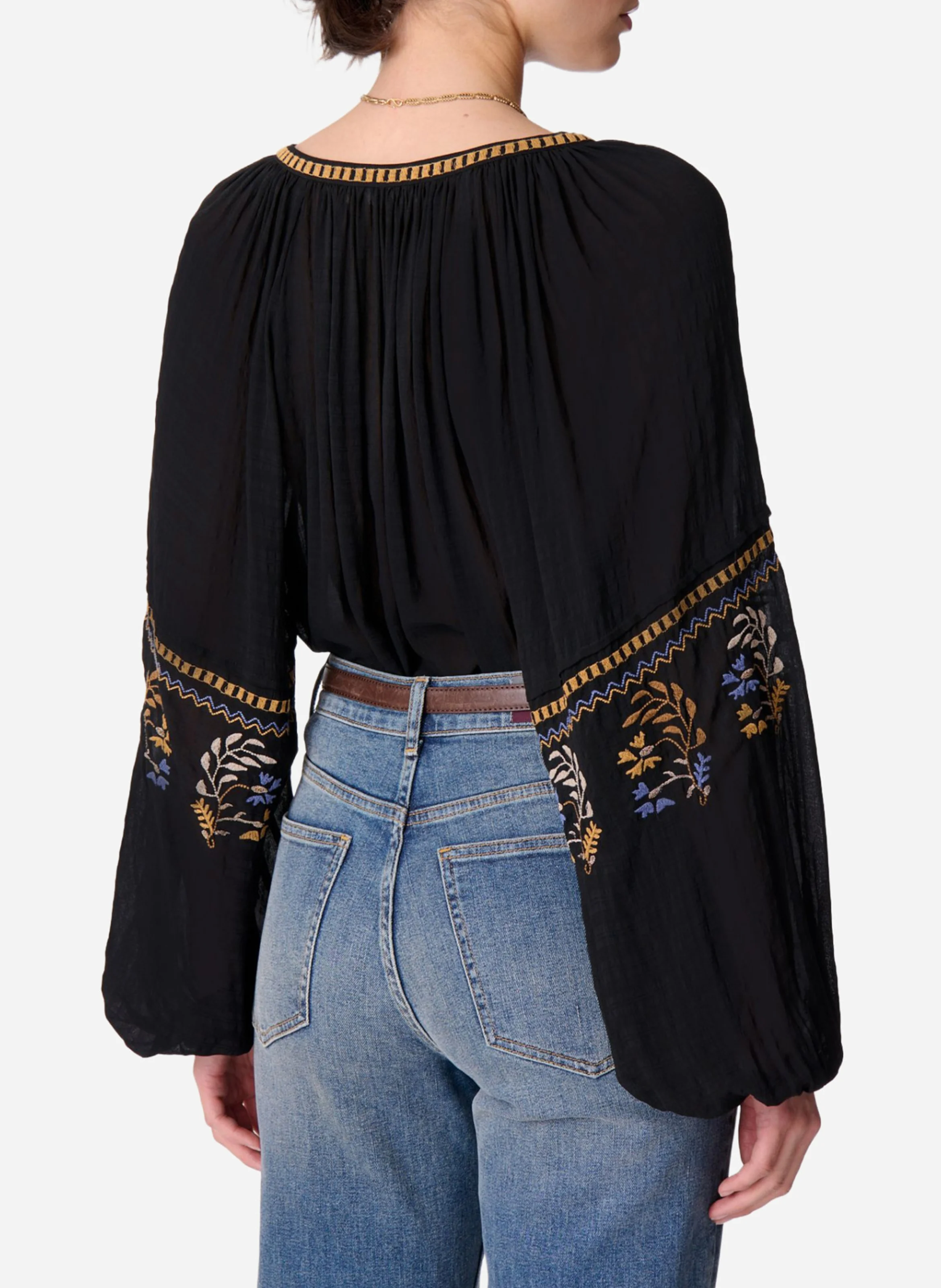 DYLAN - Blouse col tunisien brodée| Noir