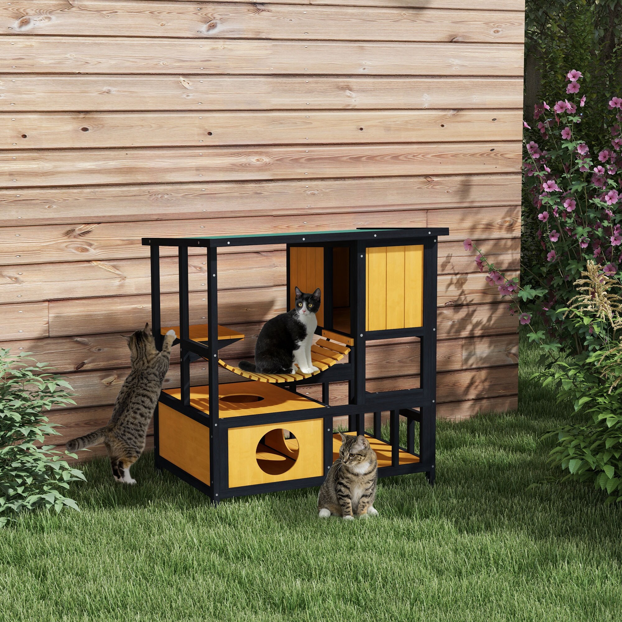 PawHut Katzenhaus mit Zugbrücke natur 84,5L x 60B x 88H cm