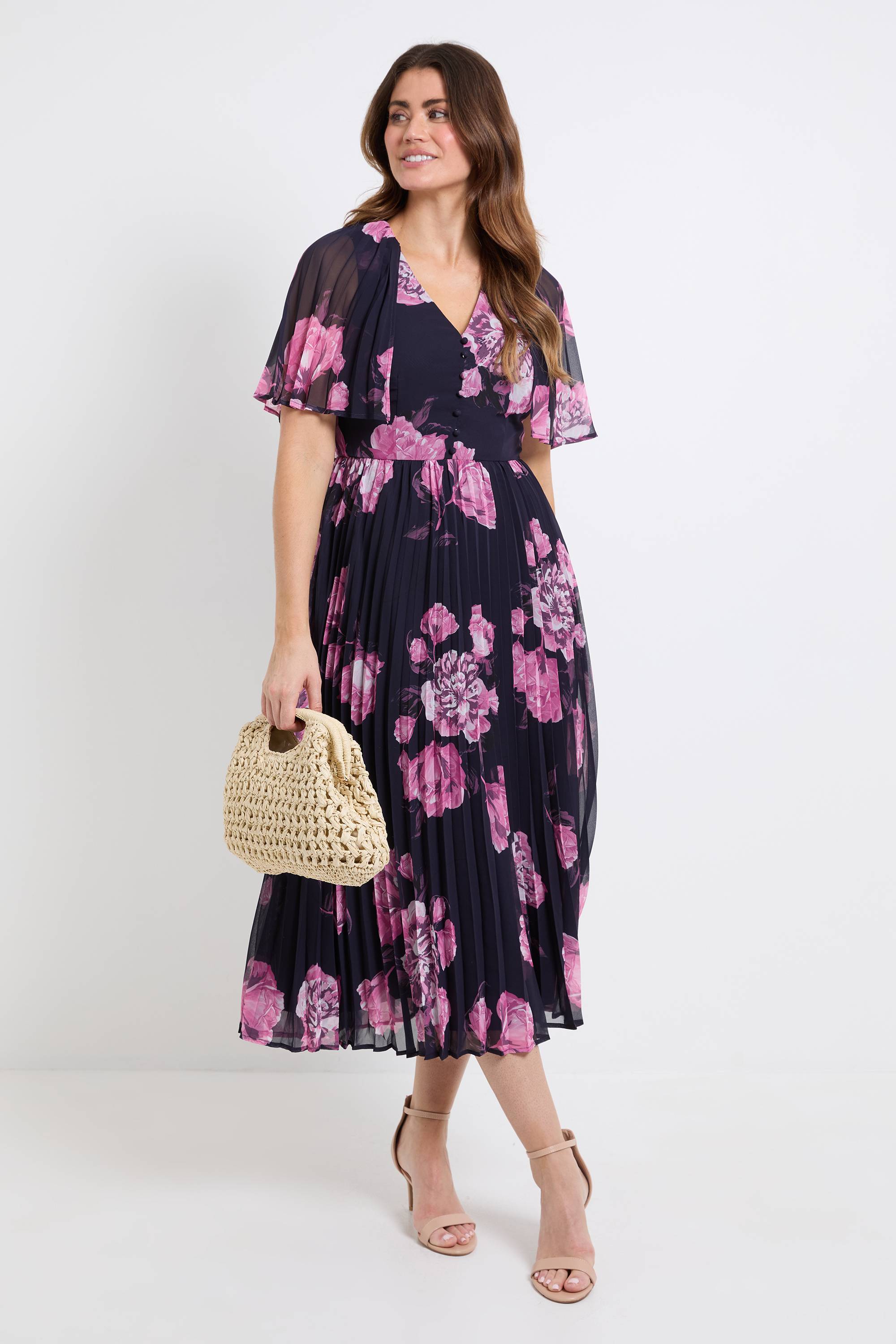 Wallis Robe Midi Florale Plissée À Manches Cape