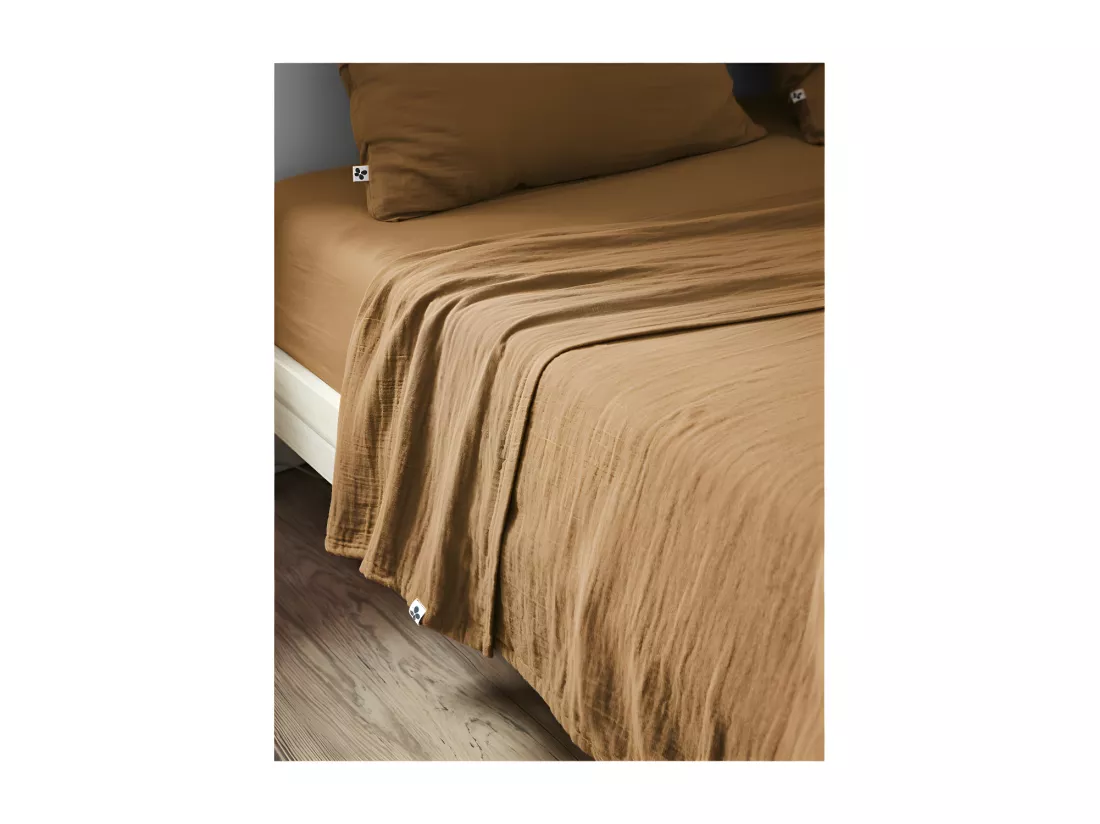 Drap plat 240 x 300 cm en double gaze de coton camel - PEPA