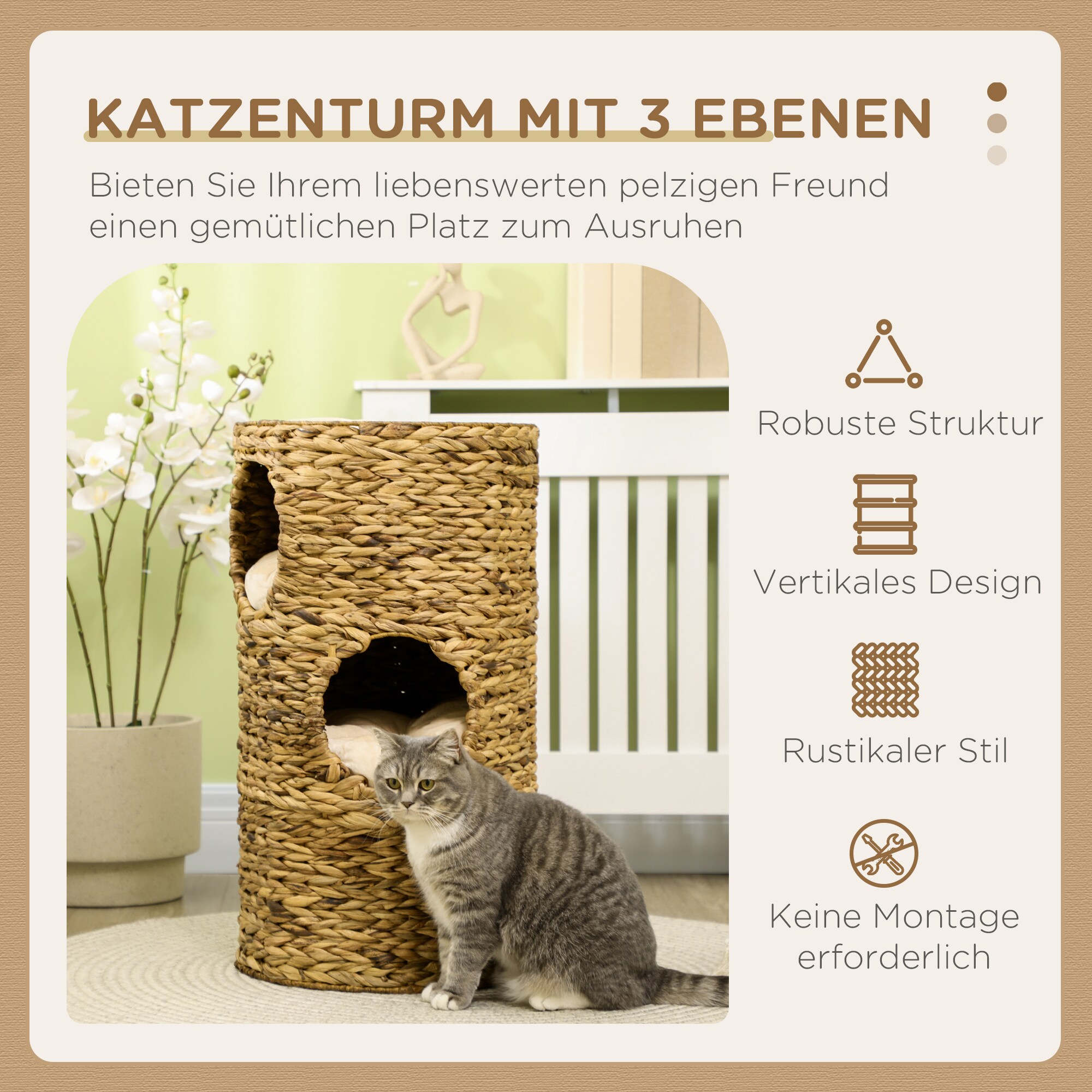 PawHut Katzenturm mit Kissen und 3 Eingängen braun 40L x 40B x 73H cm