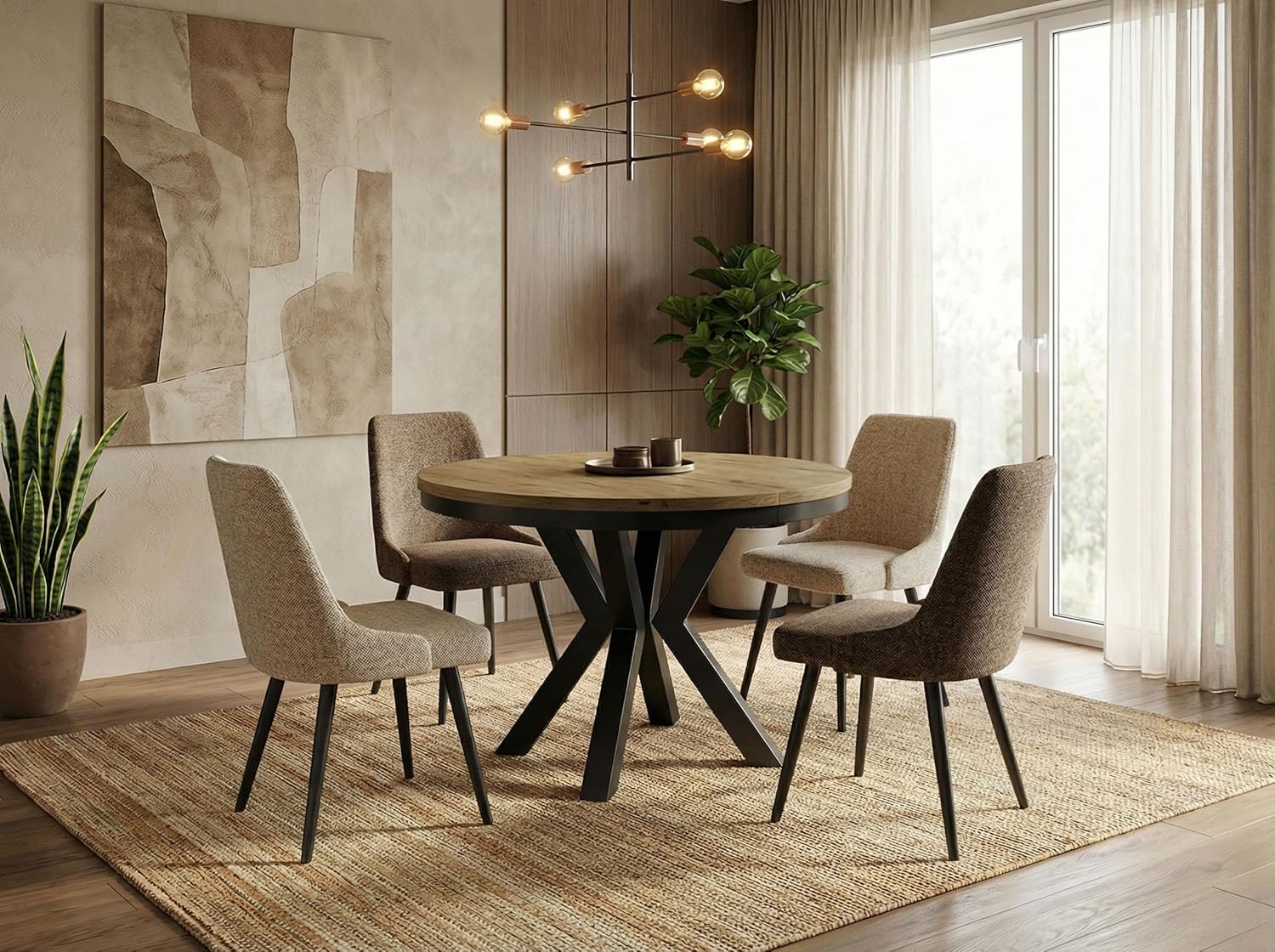 WFL GROUP Runder Ausziehbarer Esstisch im Loft-Stil - Industrieller Tisch mit Schwarzen Metallbeinen - Platzsparender Tisch für Wohnzimmer - Lancelot Eiche - 100 bis 180 cm