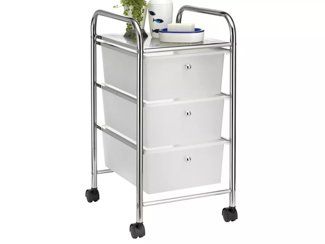 Caisson sur roulettes GINA chariot avec 3 tiroirs en plastique blanc transparent et 1 étagère, rangement salle de bain métal chromé