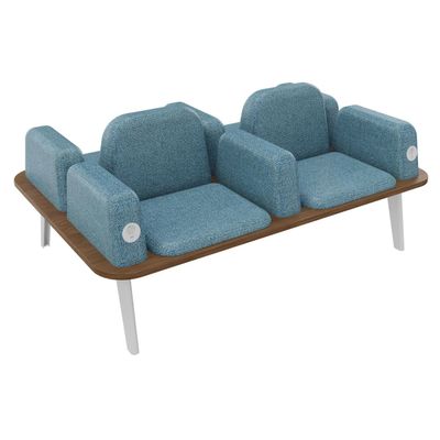 Banquette ILO - 4 places L172xP114cm - blanc - structure noyer - tissu bleu guède