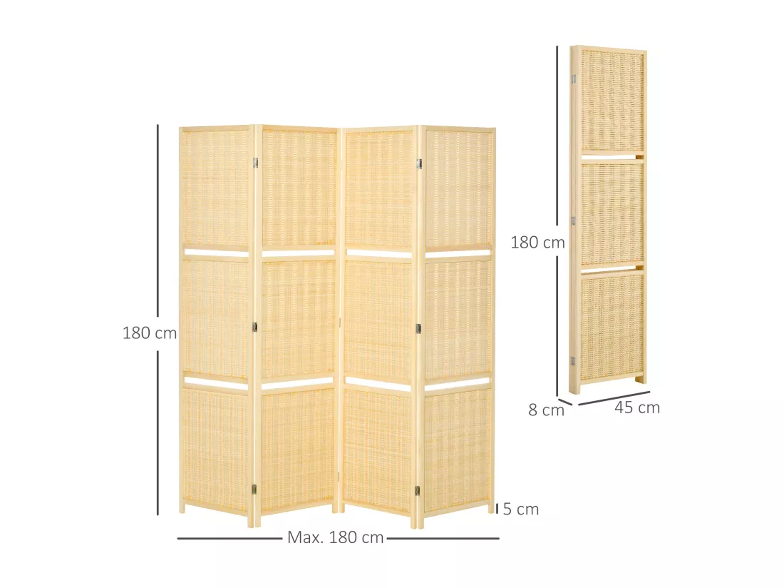Paravent intérieur 4 panneaux 2 étagères pliables séparateur de pièce bois de pin bambou tissé