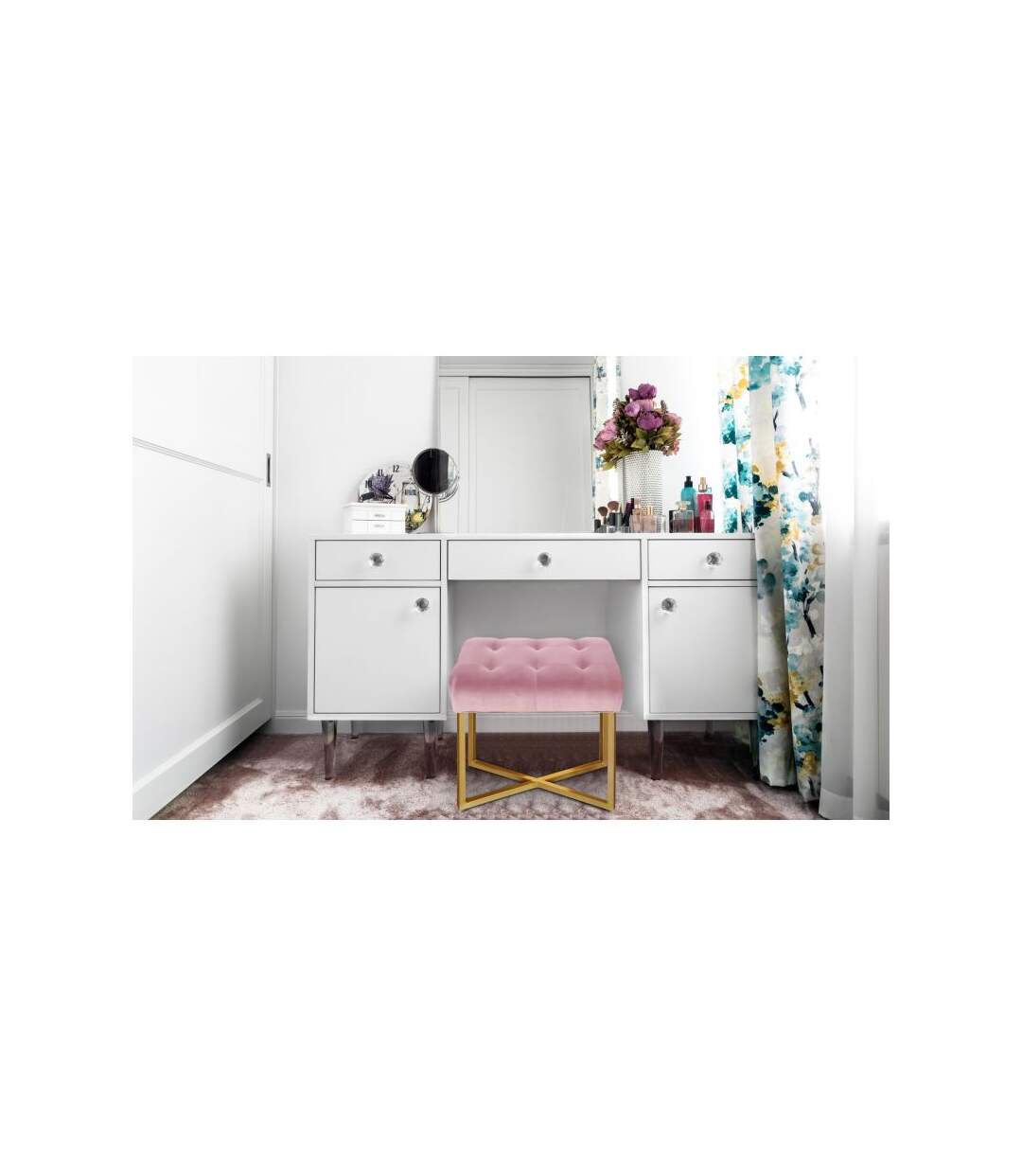 Paris Prix - Tabouret Pouf En Velours auvea 50cm Rose