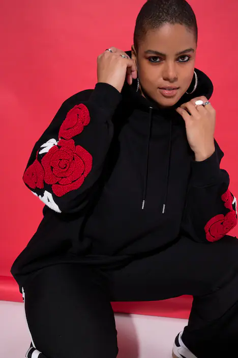 Hoodie, very oversized, Towelprint Rosen, schwarz