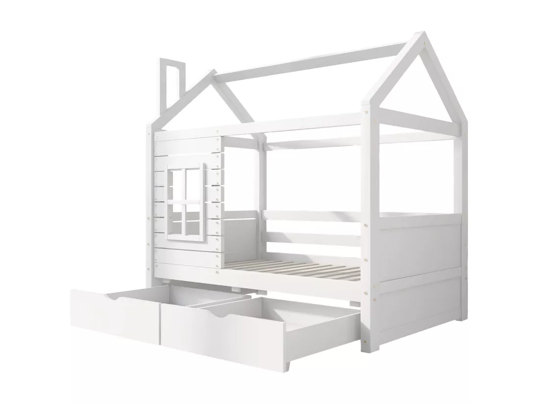 Lit cabane 80x160 cm avec 2 tiroirs - en forme de maison - en bois massif - Blanc