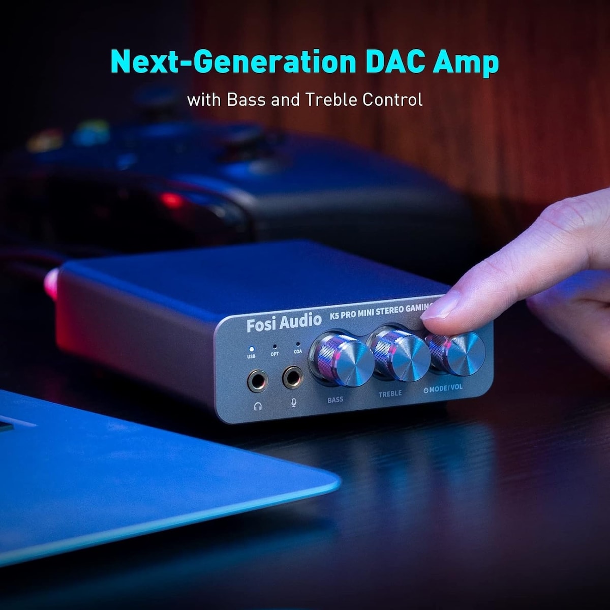 Fosi Audio K5PRO Gaming mini DAC-forsterker for PS5/PC/MAC, USB-C/Optisk/Koaksial til 3,5 mm/RCA