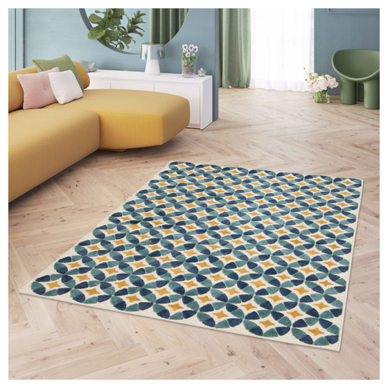 Tapis intérieur et extérieur motif géométrique - ambroise - bleu et jaune - 164 x 230 cm
