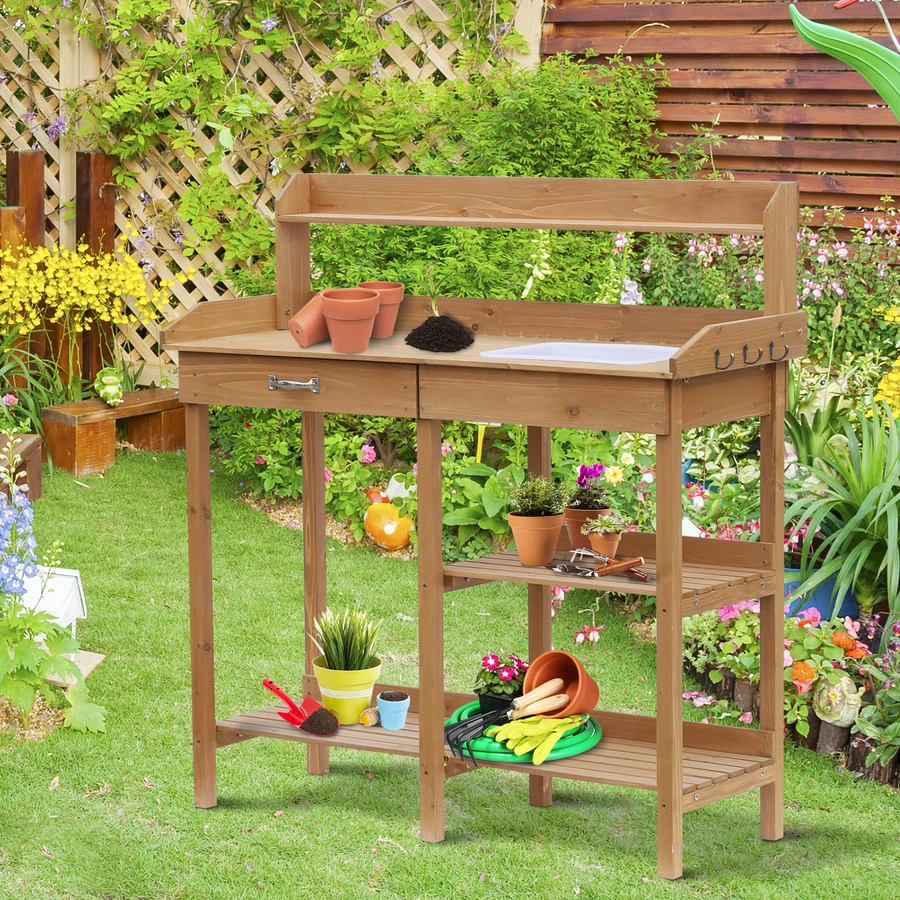 Outsunny Gärtnertisch mit Wanne natur
