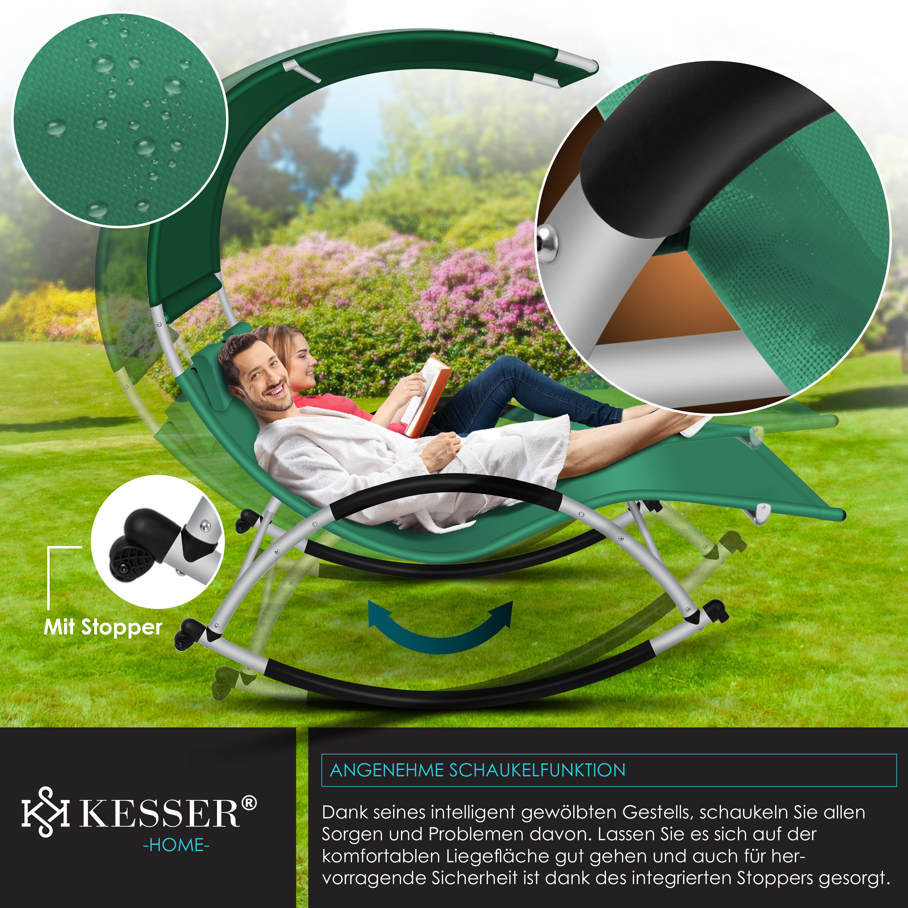 KESSER® Doppel-Sonnenliege Doppelliege | mit Sonnendach , Kopfkissen Tasche | für 2 Personen | Relaxliege | Gartenliege | Schaukelliege ergonomisch geformte Liegefläche | 240 kg Belastung |