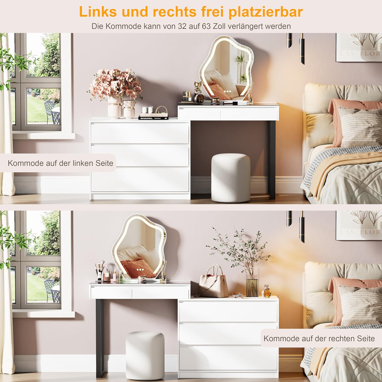Schminktisch mit Verstellbaren LED-Beleuchtung, Dressing Table mit Spiegel, Vanity Desk mit 5 Schubladen, Ecke Vanity, L-Form ändern, Eckschminktisch mit Glasplatte, Weiß