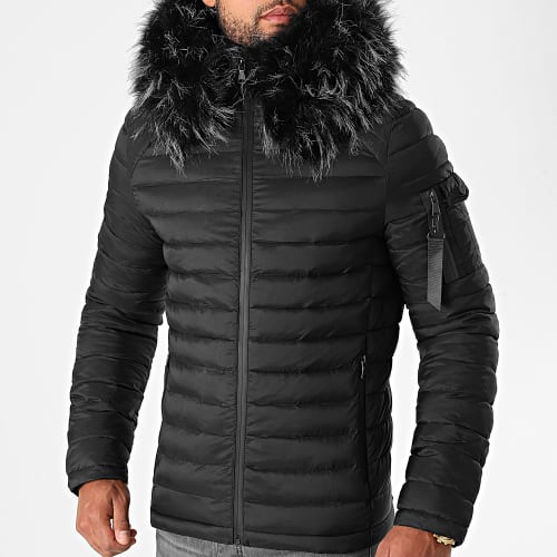 Doudoune Capuche Ultralight Avec Fourrure Noir Melange