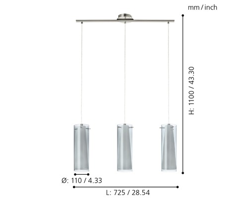 Hanglamp 3-lamps L 72,5 cm nikkel/mat/rookglas/wit
