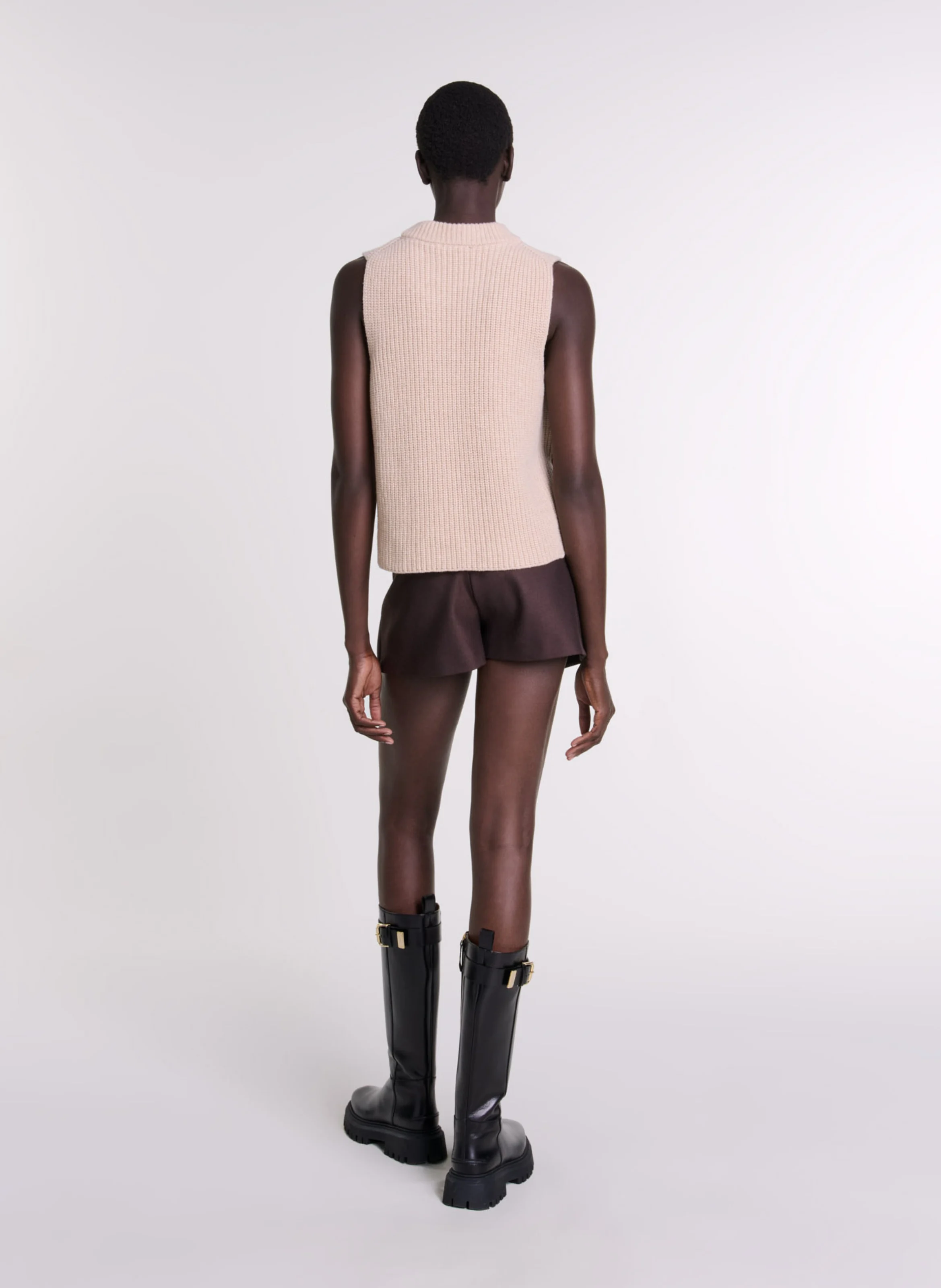 Pull court col rond en laine | Beige