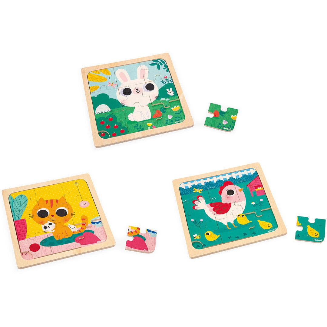Janod puzzel kip, kat en konijn - 3x9st