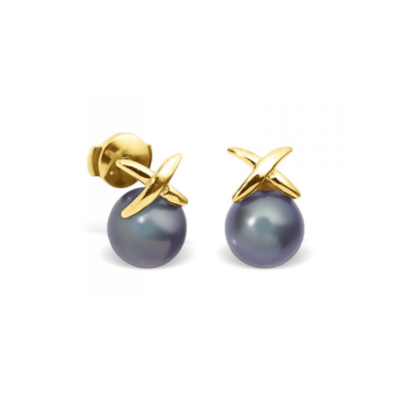 Boucles d'Oreilles Perles de Culture Noires et or jaune 750/1000