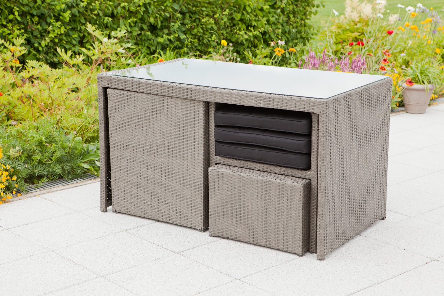 Tuinmeubelset Merano, 2 fauteuils, 2 krukken, 1 tafel, inclusief kussens, grijs