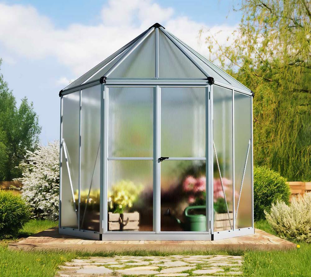Palram Canopia Gewächshaus Hexa Aluminium Orangerie mit Fundament Stahlrahmen Polycarbonat Doppelstegplatten UV-beständig wetterfest für Garten