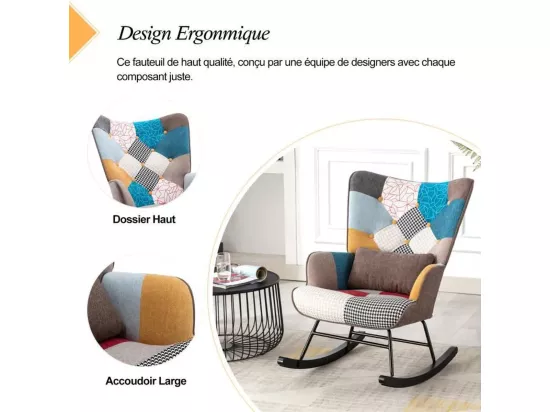 Fauteuil à Bascule Patchwork Rocking Chair Berçante Allaitement Bébé avec Oreiller Style Scandinave Tissu en Lin Bois d'Hévéa