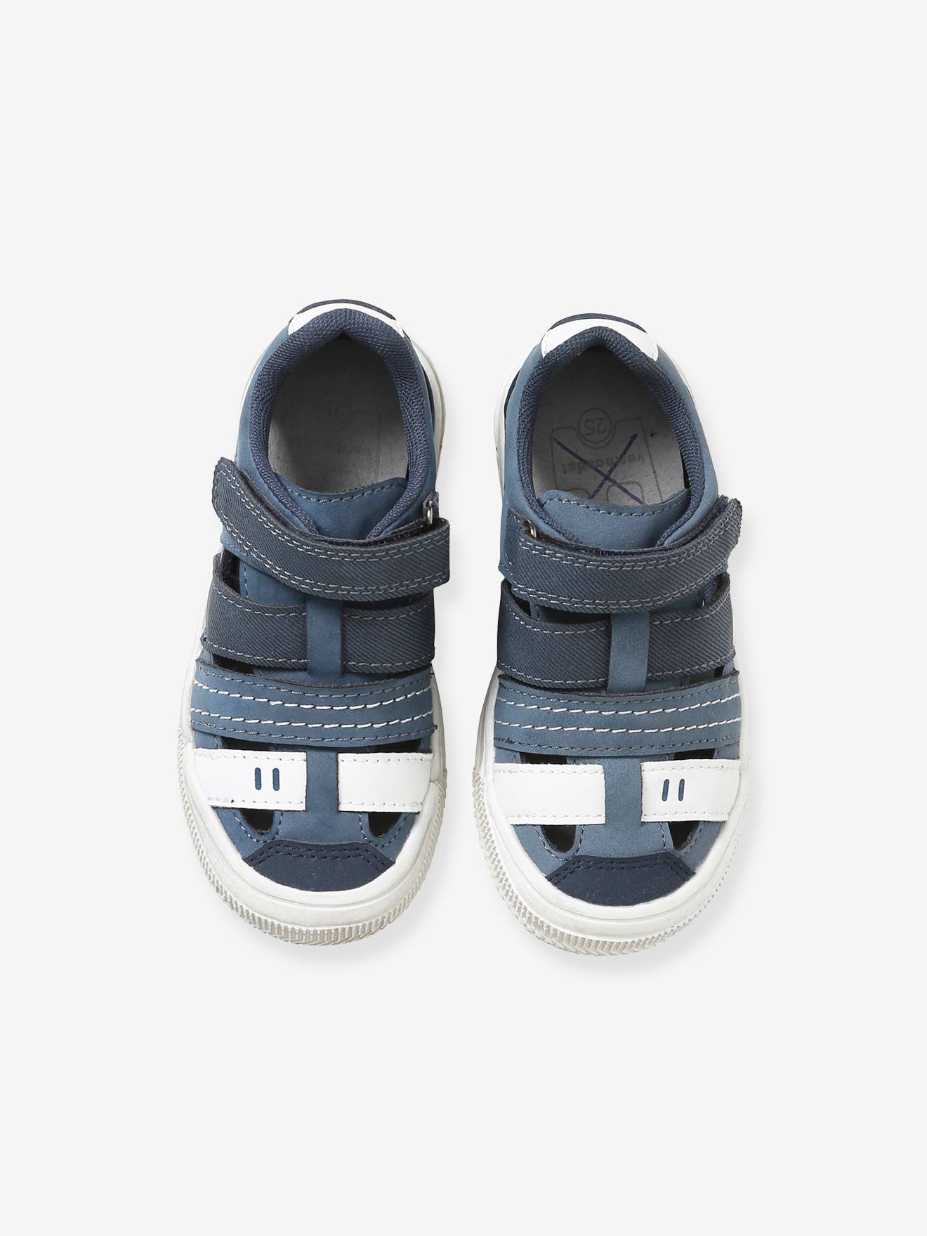 Sandálias infantis com fecho de velcro, modelo especial para maior independência, azul escuro, bicolor/multicoloridas