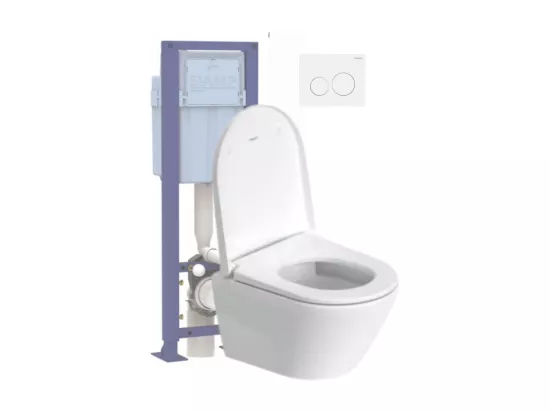 Pack WC suspendu compact sans bride DURAVIT D-Neo avec abattant frein de chute + bati support SIAMP + Plaque de commande blanche